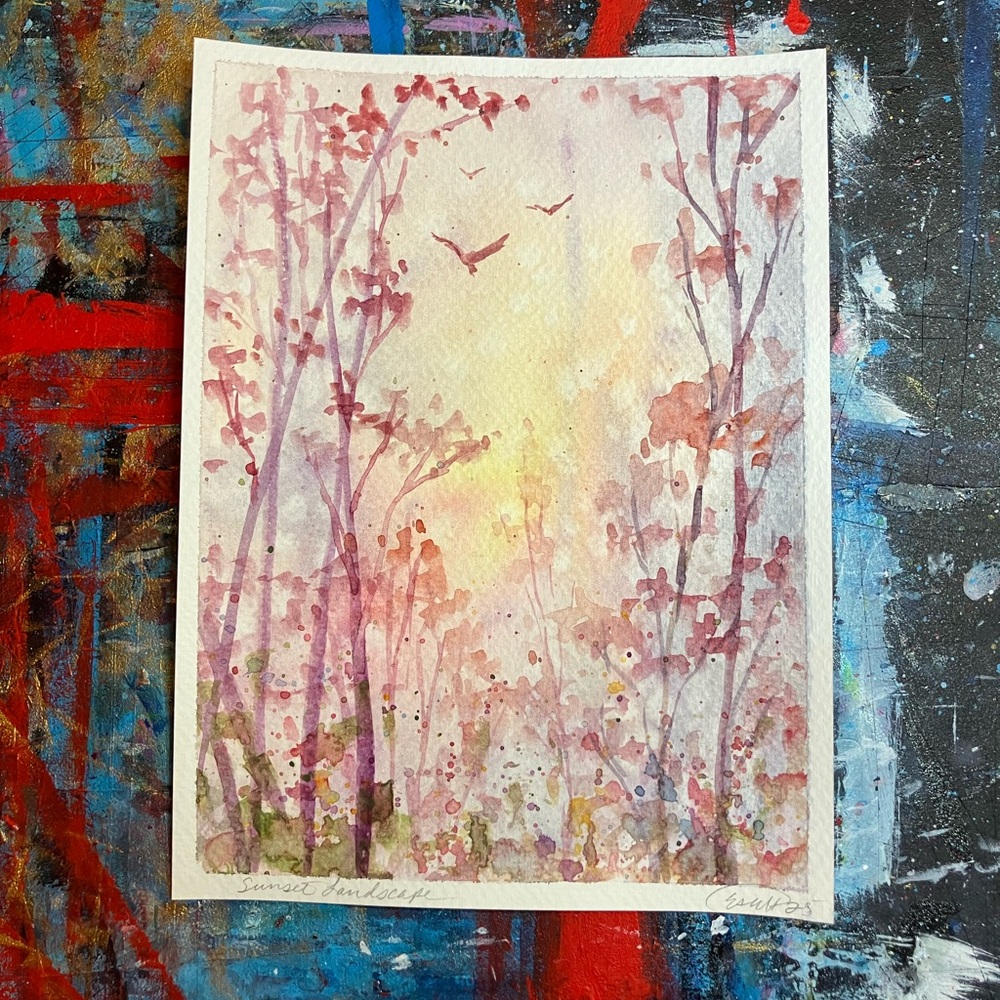 Original Landscape sunset watercolor painting decor art nature artwork Artettina